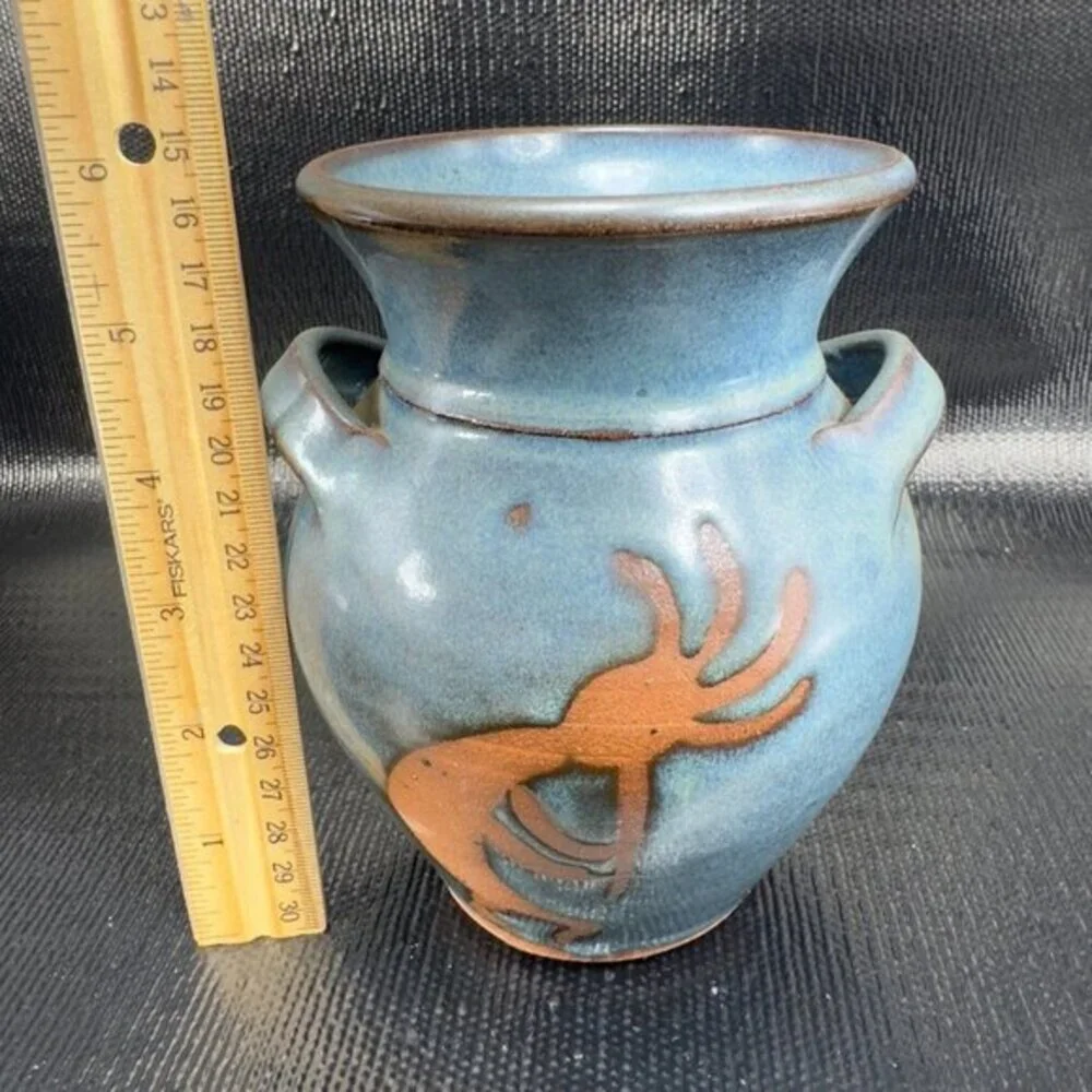 Hand Made RedWare Pottery Vase Vessel Salado Texas Kokopelli Pattern Signed Vase